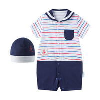 全棉时代 婴儿针织海军领短袖连体衣+帽子 66/44(建议3-6个月) 红色波浪 2件装