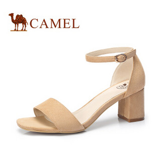 CAMEL 骆驼 女士 一字扣带绒布高跟凉鞋 A82509604 米黄 37