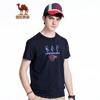 骆驼（CAMEL）男装 青年圆领印花休闲T恤 微弹纯色上衣 X8B409123 宝蓝L