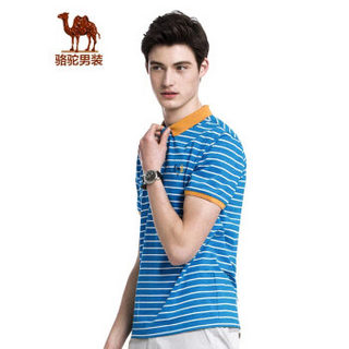 骆驼（CAMEL）男装 时尚男士翻领绣标条纹商务休闲短袖T恤衫男 X7B201215 湖蓝L