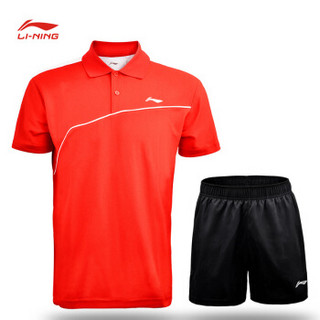 LI-NING 李宁 运动服套装T恤短裤休闲短袖POLO衫羽毛球服男款团购可印字 APLJ733-1+AKSN721-1红色 XXL