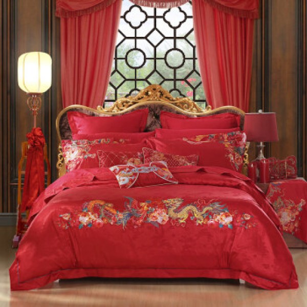 商品水星家纺 婚庆提花八件套结婚红色刺绣被套 龙凤盛宴 1.8米床