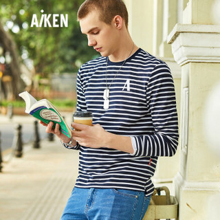 爱肯aiken森马旗下品牌2018秋冬季男装条纹长袖T恤AK118011301蓝白色调XL