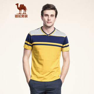 骆驼（CAMEL）男装 青年V领休闲条纹棉T恤衫 撞色上衣时尚T恤 X6B024253 黄色XXXL