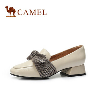 CAMEL 骆驼 女士 优雅格纹蝴蝶结复古方头单鞋 A838626101 米色 39