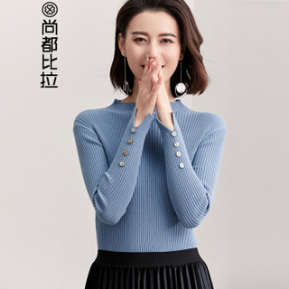 尚都比拉（Sentubila） 2019春季简约纯色套头针织衫女开叉袖口毛衣时尚休闲长袖毛衫 W83H0121737 灰蓝色 S