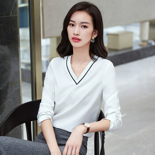 初申春季新款长袖衬衫女V领纯色气质简约OL雪纺衫衬衣SWCC188103 白色XL