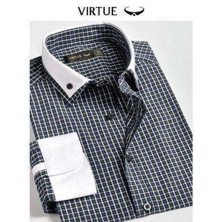 Virtue富绅格纹时尚休闲衬衫双层扣领长袖衬衫男CC220LM黑色格纹 44
