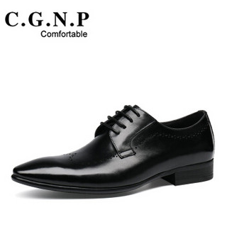C.G.N.P 村哥牛皮 男士尖头正装商务系带休闲英伦牛皮鞋 CB202908 黑色 41