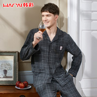 韩彩 HACAI 睡衣男长袖秋冬格子棉氨翻领开襟可外穿家居服套装 麻灰 175/100(XL)