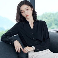 瑜珏（YuJue）2019春季新款 韩版OL气质V领纯色雪纺休闲百搭上衣长袖职业衬衫女 BBJF702 黑色 L