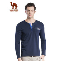 骆驼（CAMEL）男装 时尚舒适休闲修身棉质门筒领纯色长袖T恤男SA7214027蓝灰_M