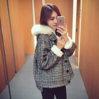 JOY OF JOY 2018冬季新款羊羔绒呢子外套女大毛领格子ulzzang毛呢大衣女上衣 JWWT188542 黑色 2XL