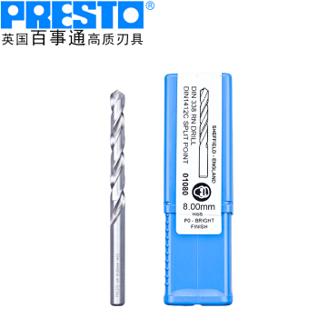 百事通（PRESTO）进口钻头高速钢直柄麻花钻咀01080（直径:8.2mm 刃长:75.0mm 全长:117mm）