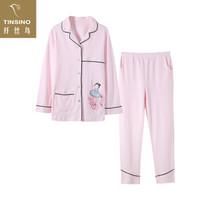 纤丝鸟 TINSINO 棉质睡裙女翻领竖条长袖睡衣棉套装家居服 WC18021 桃心女孩樱花粉 L