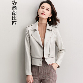 尚都比拉（Sentubila） 纯色简约拉链短款机车皮衣外套女2019春季新品女装上衣 183G0421564 杏色 M