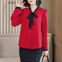 欧偲麦 衬衫女雪纺衬衫女长袖秋装2018新款上衣淑女蝴蝶结职业装打底衫 ZY-2520 红色 XL