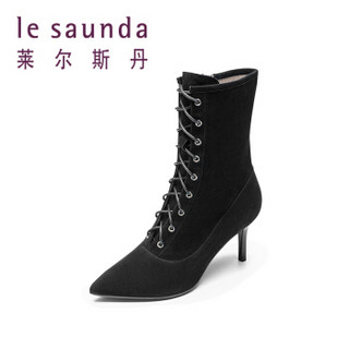 le saunda 莱尔斯丹 时尚优雅尖头系带侧拉链高跟女马丁靴LS 9T67002 黑色 36