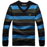 吉普盾 毛衣男条纹针织衫V领休闲套头打底衫 D9303 军绿 L