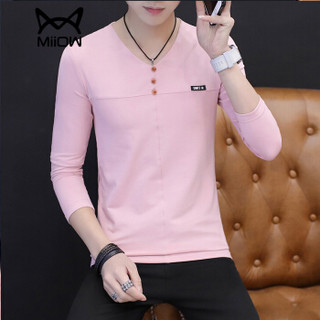 猫人（MiiOW）男士T恤时尚休闲百搭纯色V领套头长袖T恤D305-1-8313粉红L