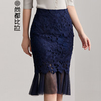 Sentubila 尚都比拉  纯色拼接飘逸网纱蕾丝半身裙女春季女装新品OL通勤 183Q0821695 藏蓝色 L