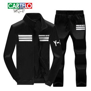 卡帝乐鳄鱼（CARTELO）长袖套装男士2019年春季新品卫衣韩版立领休闲两件套运动服 黑色 M
