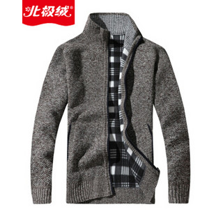 北极绒（Bejirong）2019新款修身外套加绒毛线衣男休闲拉链开衫立领男 KS 咖啡色 XL