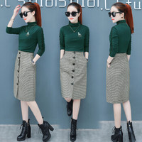 AUDDE 2018冬秋季新款女装新品女韩版时尚两件套高领打底衫配中长款格纹包臀裙套装 HZ3304-1150 绿色 S