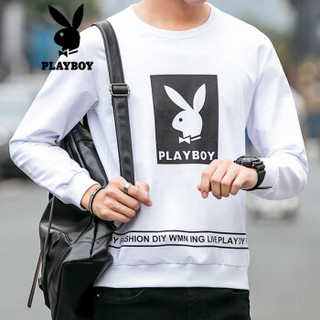 花花公子PLAYBOY 卫衣男潮2019春装新款韩版长袖男装时尚宽松印花学生套头外套 白色 3XL