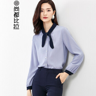 尚都比拉（Sentubila）2019春季新品撞色蝴蝶结长袖雪纺衫简约女士通勤OL职业装 183C0521172 灰蓝色 M