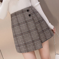 凡淑 春季新品女装格子毛呢高腰显瘦不规则半身裙纽扣短裙防走光裤裙 zx1625-2660FS 深卡其布色 S