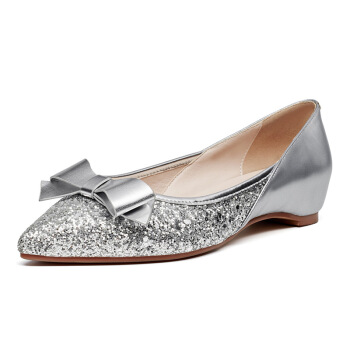 Universe 浓情漫宇 低跟尖头浅口蝴蝶结羊皮女单鞋子 E314 银色 38
