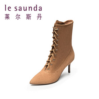 le saunda 莱尔斯丹 时尚优雅尖头系带侧拉链高跟女马丁靴LS 9T67002 驼色 38