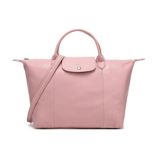 LONGCHAMP 珑骧 Le Pliage Cuir系列 藕粉色羊皮中号短柄可折叠手提单肩包 1515 737 A80