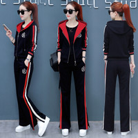 AUDDE 2019春夏季新款女装新品卫衣女运动服套装女韩版时尚休闲女装连帽三件套 HZ650-9835TZS 黑红色 XXL