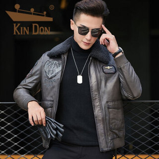 金盾（KIN DON）皮衣 男2018冬季新款皮衣短款绵羊皮休闲保暖毛领夹克外套 XH-98009-1 灰色 M