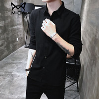 猫人（MiiOW）男士衬衫青春休闲时尚百搭长袖衬衫D240-501黑色2XL