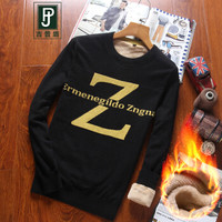 吉普盾 加绒毛衣男士百搭圆领印花毛衣 黑色 2XL