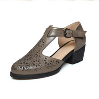 娜箐箐（naqingqing）复古文艺粗跟女鞋中跟包头镂空大码凉鞋女式皮鞋 f002025-2869 灰色超纤内里 34