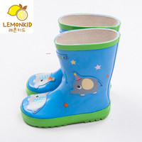 柠檬宝宝lemonkid防水儿童雨鞋男童女童手工贴片防滑耐磨橡胶个性雨鞋LE201510蓝色小象34码