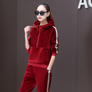 尚格帛 2018秋冬新品女装卫衣金丝绒运动服套装时尚加绒加厚双面绒两件套 HZ6045-2890GBTZR 红色 XL