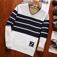 吉普盾 毛衣男装韩版修身休闲男士加绒毛衣 白蓝 2XL