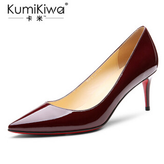 KumiKiwa 漆皮头层牛皮细跟浅口尖头高跟单鞋 K18QN3329 酒红色8.5CM 36