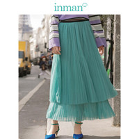 INMAN 茵曼 春装新款高腰显瘦文艺双层仙女纱裙A字大摆半身长裙 18911|11017 翠绿色 M