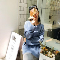 JOY OF JOY 2018冬季新款慵懒风套头毛衣女打底衫chic宽松ins长袖针织衫女 JWYC18J243 浅蓝 均码