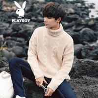 花花公子（PLAYBOY）针织衫男2018秋冬新品韩版潮流时尚休闲百搭高领毛衣男装 杏色 M