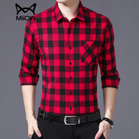 猫人（MiiOW）男士衬衫时尚休闲百搭格子长袖衬衫B357-9901红格5XL