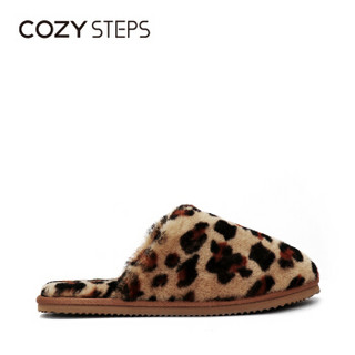 COZY STEPS 时尚澳洲羊皮毛一体保暖棉防滑拖鞋7D998 豹纹 37