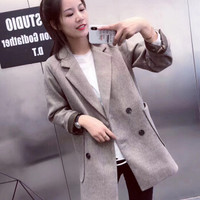 沫欣 2018冬季新品女装时尚翻领呢大衣气质百搭双排扣毛呢外套 LLYF8817MX 卡其色 1L