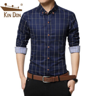金盾 KIN DON衬衫男士2019春夏新品男装青年商务休闲大码格子长袖衬衫打底衫1311长袖常规深蓝XL